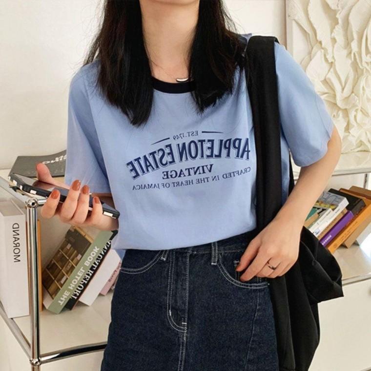 여성 블루 반팔티셔츠 여름 크롭 그래픽 반팔티 여성티셔츠