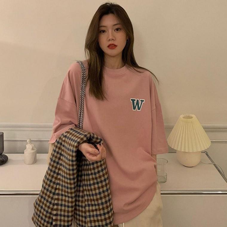 더블유 박스 핑크 빅사이즈 여성 반팔티셔츠 캐주얼 여름 기본 루즈핏