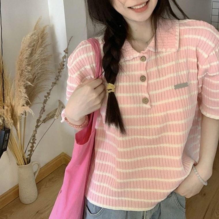 핑크 스트라이프 카라티 여름 반팔티 루즈핏 여성티셔츠 냉감티셔츠 얇은