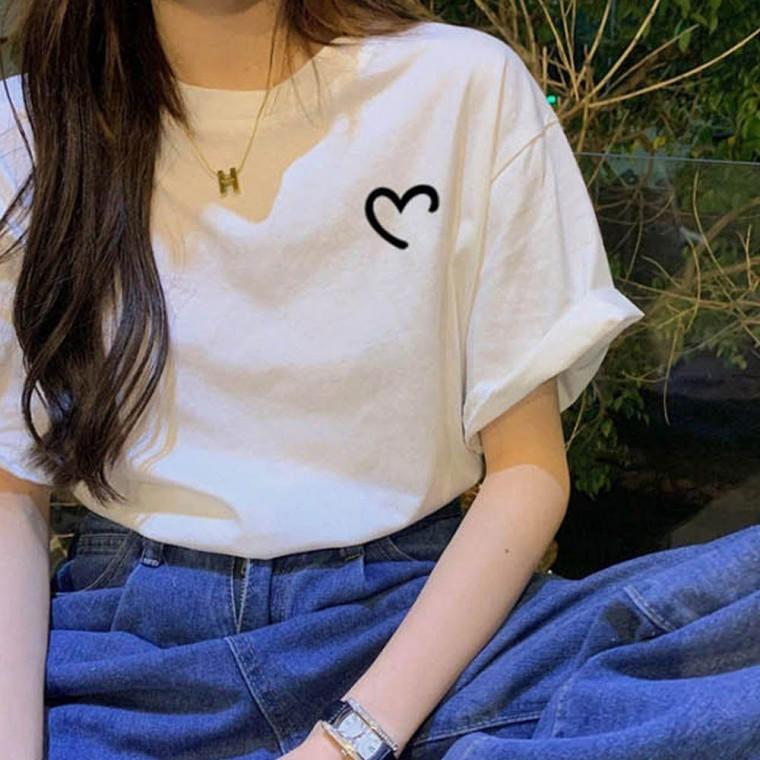 흰티 여성 하트 프린팅 반팔 면티셔츠 귀여운 티셔츠 여름옷