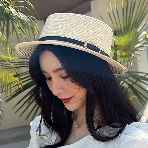프렌치 평평한 챙의 선캡 큰 챙의 캐주얼 선캡 여름용 짚으로 만든 모자 남녀 공용 영국풍 스몰 향기 스타