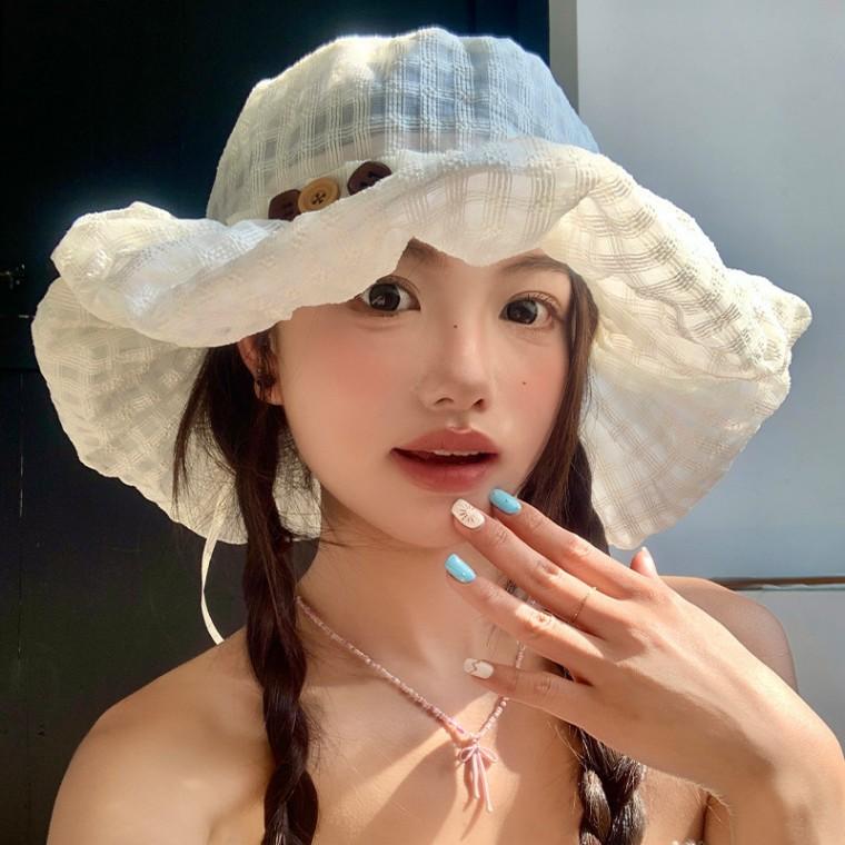 일본식 단추 체크 무늬 버킷햇 여성용 봄 여름 나들이용 큰 챙 얼굴이 작아 보이는 작은 챙 자외선 차단 및