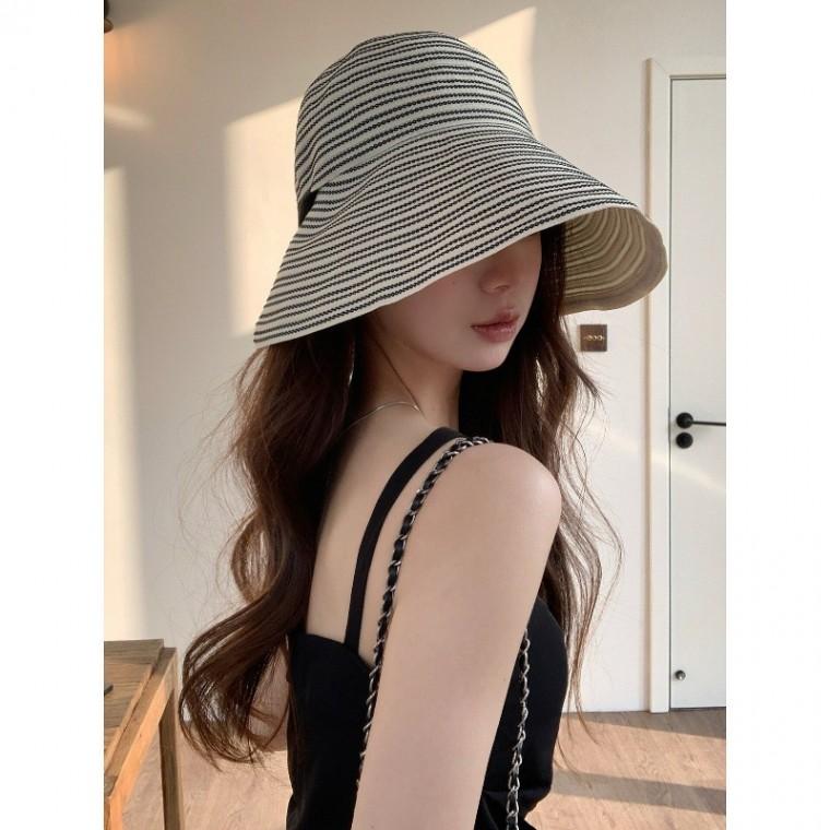 신상 스트라이프 스트랩 큰 챙 버킷햇 여성용 여름 접이식 자외선 차단 야외 햇빛 가리개 모자