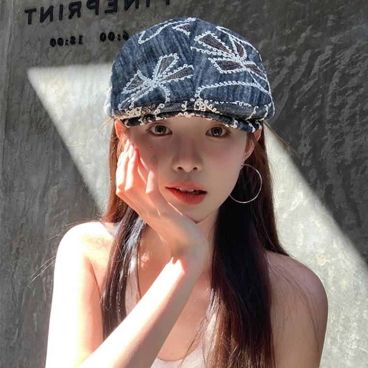 봄 여름 신상 스팽글 플라워 야구모자 여성용 한국판 캐주얼 선캡 베레모 어디에나 잘 어울리고 얼굴이 작