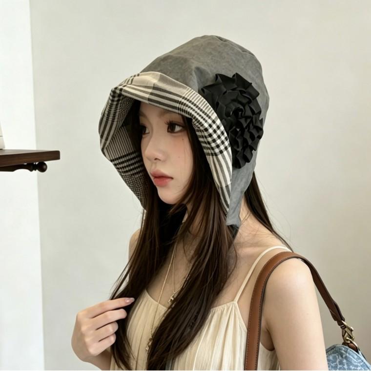 일본식 신상 체크무늬 양면 착용 가능한 꽃무늬 버킷햇 여름철 나들이에 잘 어울리는 어디에나 매치 가능한