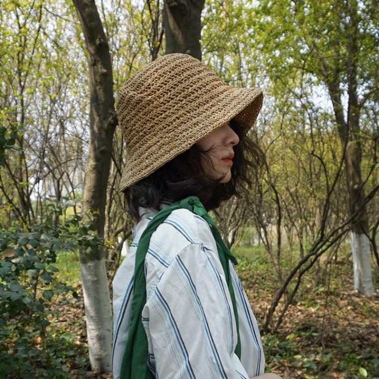 일본식 접이식 수제 짜임 밀짚모자 여성용 봄 여름 휴가용 해변용 큰 챙 햇빛 가리개 깔끔한 느낌의 물통형