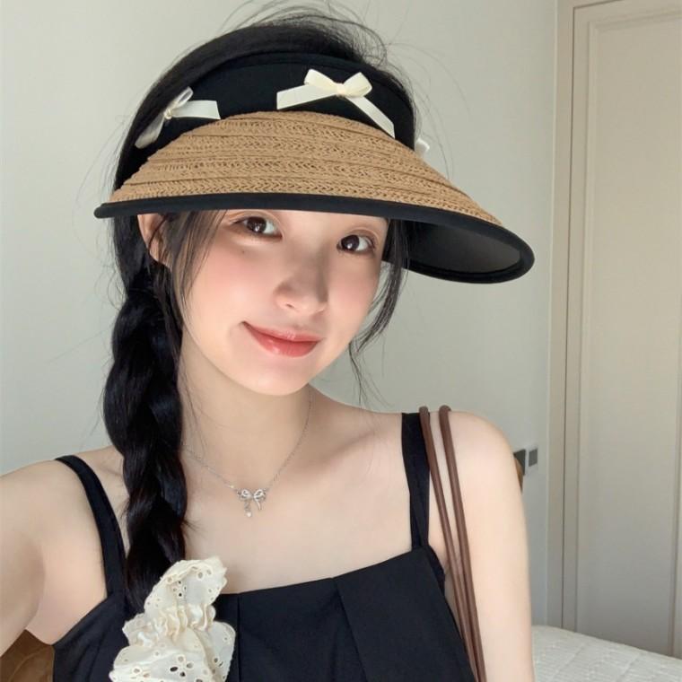 여름용 챙 넓은 2024년 신상 리본형 챙 없는 선글라스 모자 여성용 검은색 레진 소재 야외 자전거용 자외선