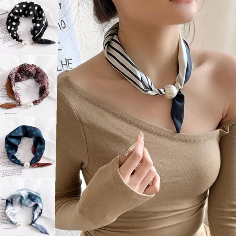 진주 장식 깔끔한 실크 스키니 넥스카프 링스카프 포인트 머플러