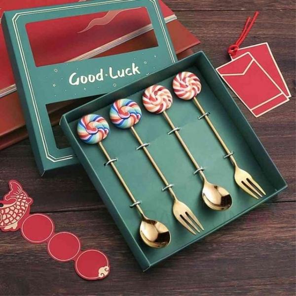 롤리 티스푼 티포크 4P 디저트스푼 디저트포크 미니숟가락 테이블포크 골드스푼