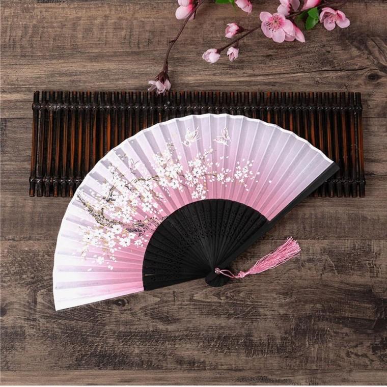 복사꽃 접이식 대나무 부채 전통 휴대용 여름