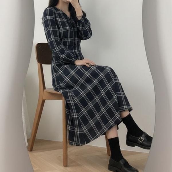 여성 네이비 체크 슬림핏 롱 원피스