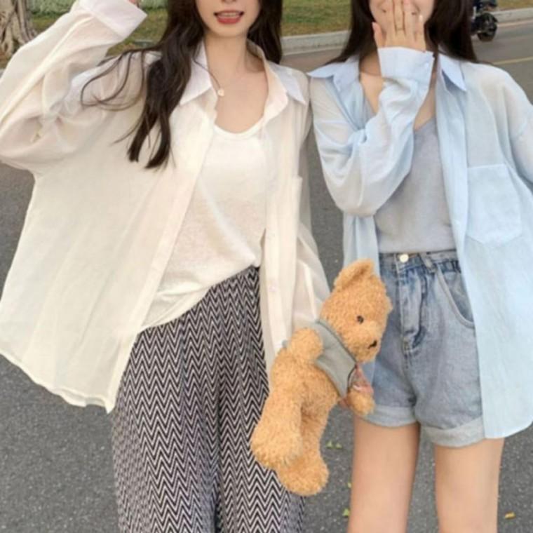여성용 여름 시스루 루즈핏 셔츠 남방 썸머 긴팔 롱 자켓