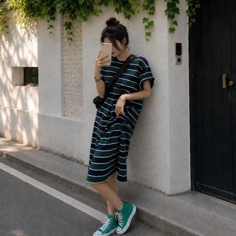 여름 내추럴룩 데일리 마실룩 루즈핏 스트라이프 반팔 롱원피스