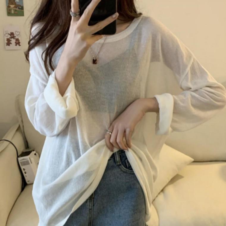 여성 여름 커버업 슬리브 루즈핏 시스루 긴팔 티셔츠