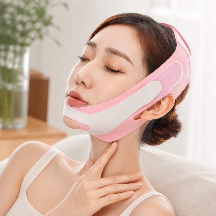 얼굴 리프팅 밴드 브이라인 턱살 관리 이중턱 보정 핑크