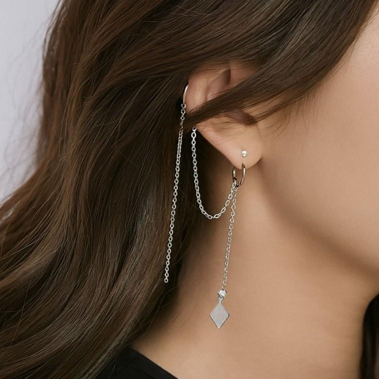 써지컬스틸 스퀘어 펜던트 체인 레이어드 드롭 투핀 투웨이 귀걸이 귀찌 이어커프 피어싱
