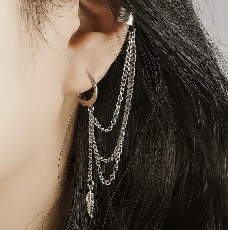 써지컬스틸 빈티지 깃털 펜던트 트리플 체인 레이어드 드롭 투핀 투웨이 귀걸이 귀찌 이어커프 피어싱