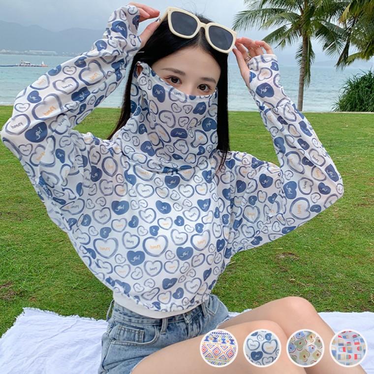 하트패턴 마스크일체형 자외선차단 케이프 쿨링