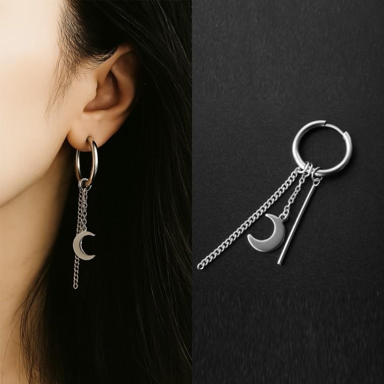 써지컬 스틸 실버 달 스틱 체인 레이어드 드롭 원터치 링 귀걸이 귀찌 피어싱 남자 여자 학생 언발 이어링