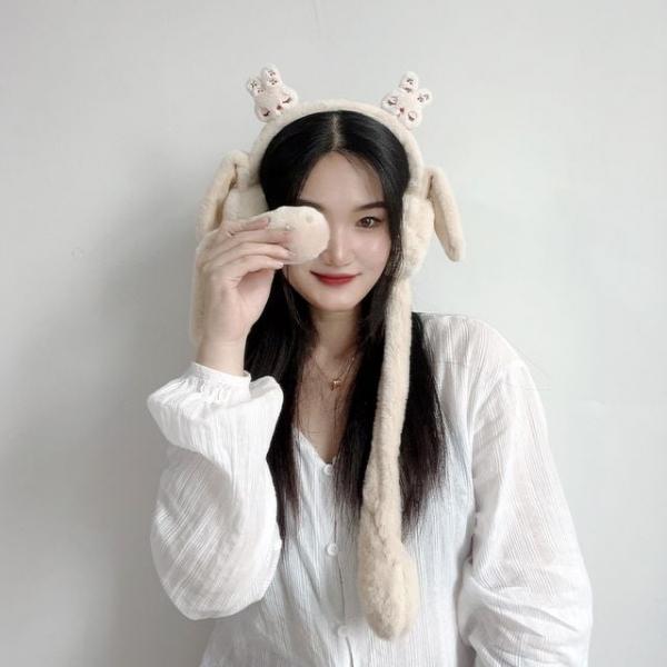 토끼 움직이는 귀마개 베이지 겨울 따뜻