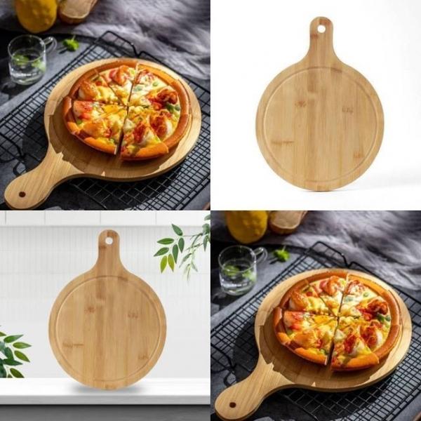 대나무 손잡이 피자트레이 원형 33cmx24cm 서빙 디저트