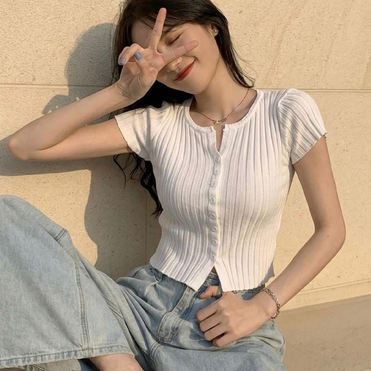 골지 짧은 크롭 기장 데일리 외출 반팔 니트 여성 슬림 스타일 셔츠 셔츠반팔 티셔츠