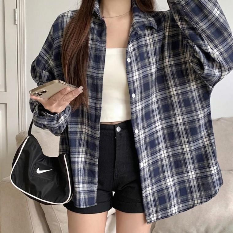 스타일 체크 패턴 데일리 나들이 긴팔 셔츠 여성 외출 클래식 남방 가을 루즈핏 오버핏