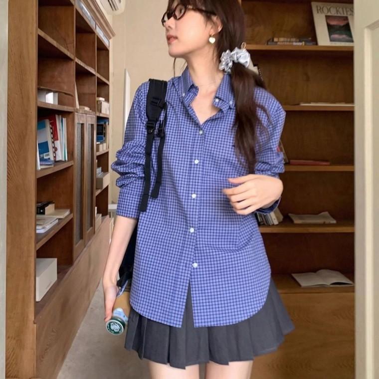 스타일 블루 색상 체크 패턴 긴팔 셔츠 여성 대학생 루즈핏 남방 가을 오버핏 루즈핏쳐스