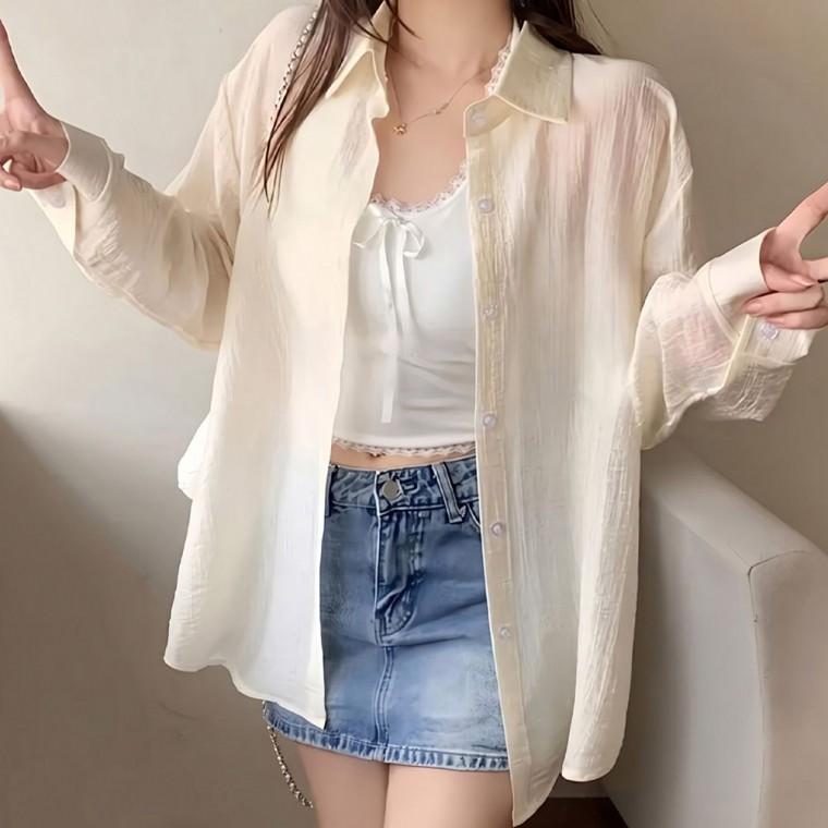 스타일 통기성 좋은 여리 루즈핏 셔츠 여성 은은한 시스루 가오리핏 쉬폰 휴양지 패션