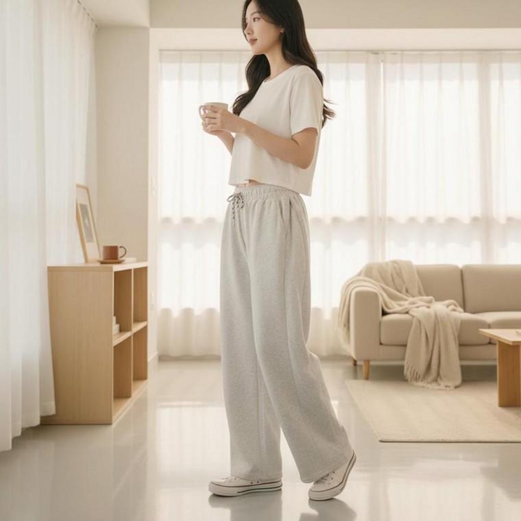 라인 사이드 주름 편안한 착요감 오버 와이드 바지 여성 허리 여자 반바지 치마바지 밴딩