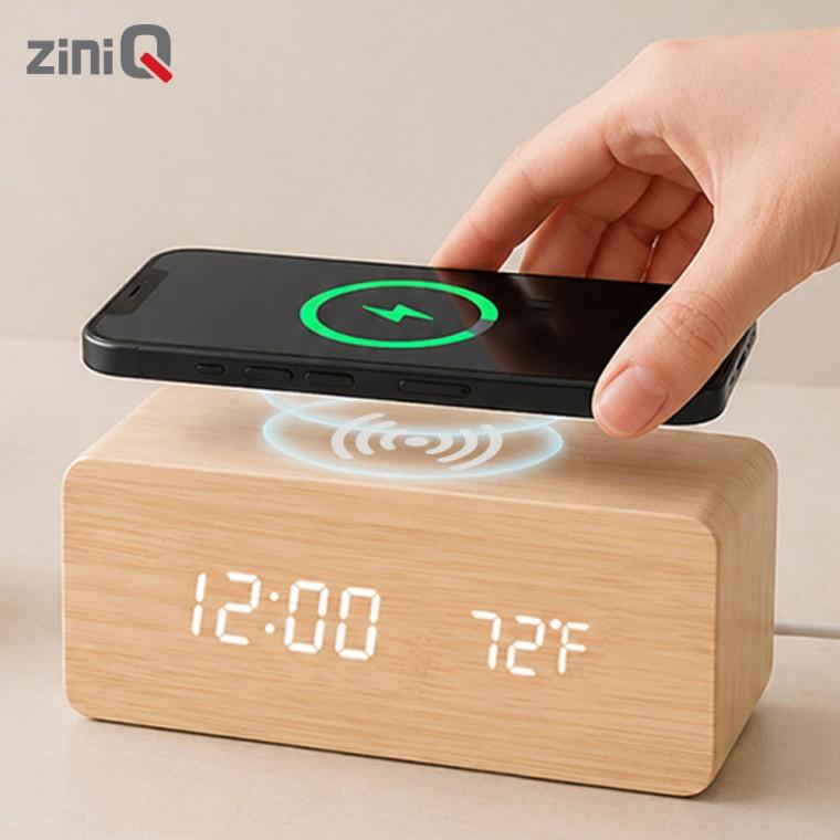 지니큐 스마트 무선충전 LED 우드 디지털 무소음 전자시계 온도 알람 기능 ZQ-CW700