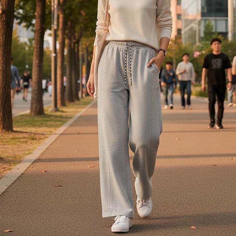 밴딩 사이드 핀턱 라인 체형 커버 와이드 바지 여성 편안한 허리 여자 반바지 치마바지