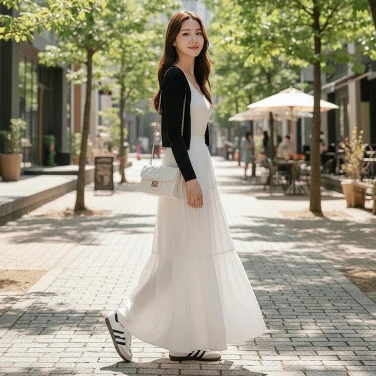 캉캉 주름 데이트룩 여행 패션룩 롱 스커트 여성 허리 밴딩 정장 플레어스커트 H라인