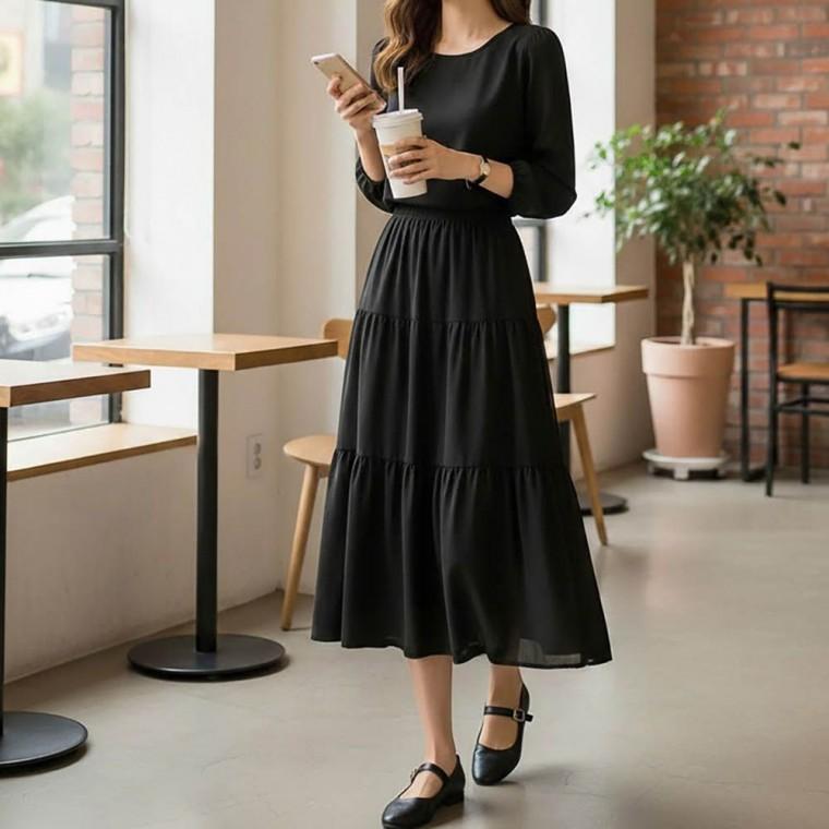 가벼운 소재 로맨틱 스타일 볼륨 캉캉 롱 스커트 여성 데일리 외출 정장 플레어스커트