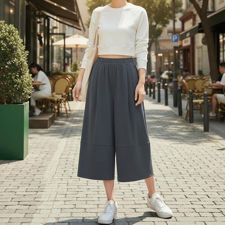 라인 포인트 탄탄한 허리 밴딩 와이드 7부 바지 여성 무릎 절개 여성하의 스커트 봄바지