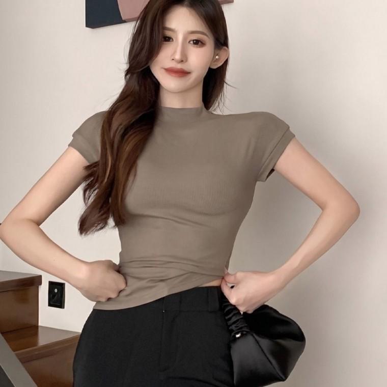 스타일 깔끔 무지 디자인 편안한 슬림핏 반팔 여성 반목 티셔츠 여름 쿨링티 라운드