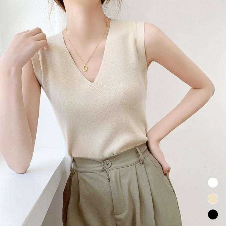 브이넥 라인 무지 니트 민소매 나시 여성 깔끔 디자인 나시탑 배색 슬림핏 이너웨어