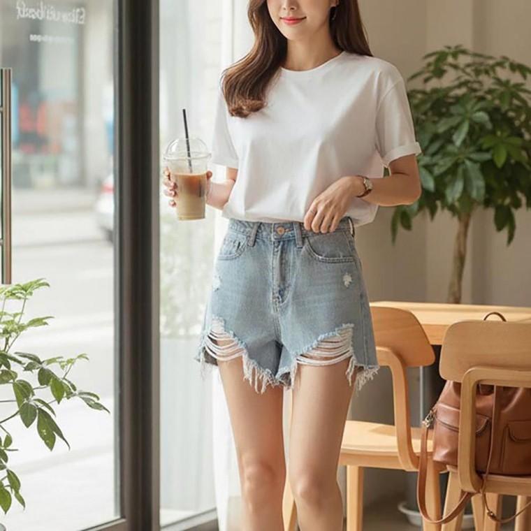 패션 찢청 스타일 데님 찢어진 짧은 바지 핫팬츠 여성 외출 과감 밴딩 치마바지 면반