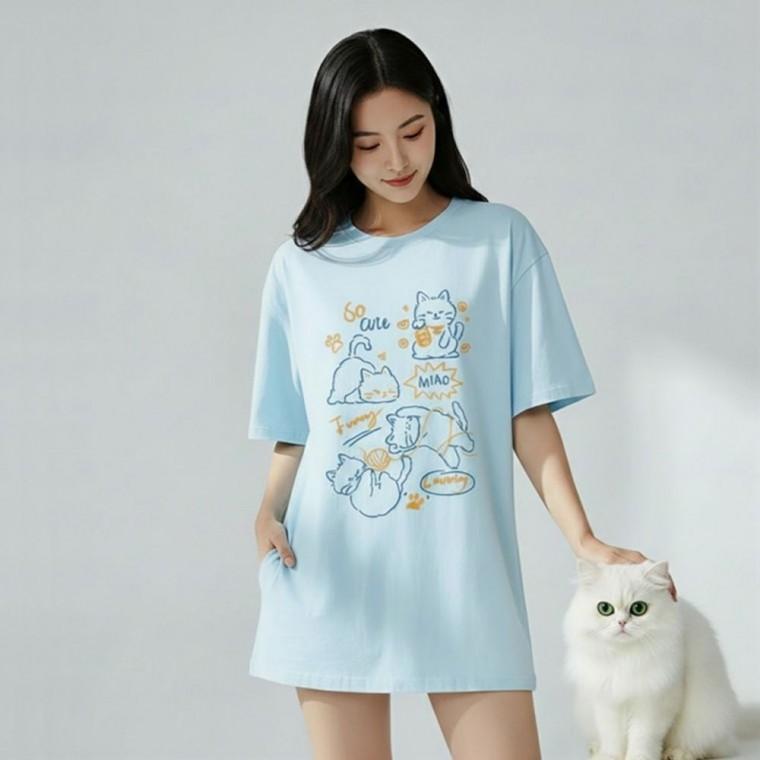 오버핏 레터링 고양이 캐릭터 롱 반팔 티셔츠 여성 빅사이즈 캐쥬얼 캣츠 반팔티 프린팅