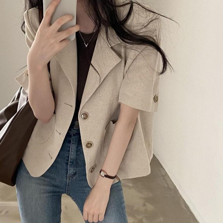 여성 여름 린넨 반팔 자켓 테일러드 린넨자켓 숏 아우터