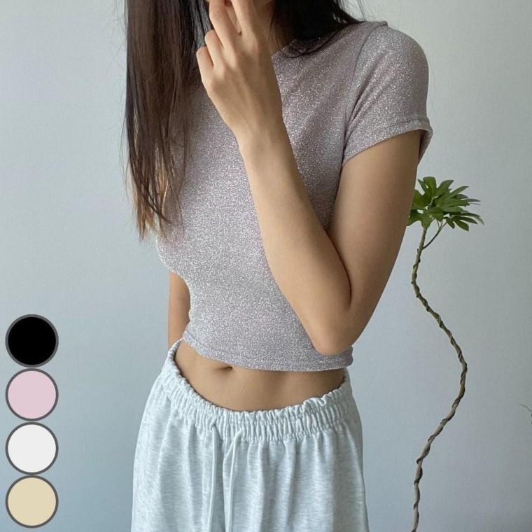 크롭 샴페인 메탈반짝이 반팔 티셔츠 트렌디 패션 스타일리시티 여성
