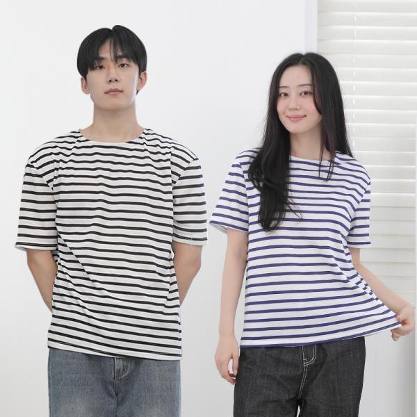 남녀공용 스트라이프 티셔츠 여성 남성 반팔 단가라 줄무늬 기본티 학생 단체복 커플티 줄티 라운드넥 여름