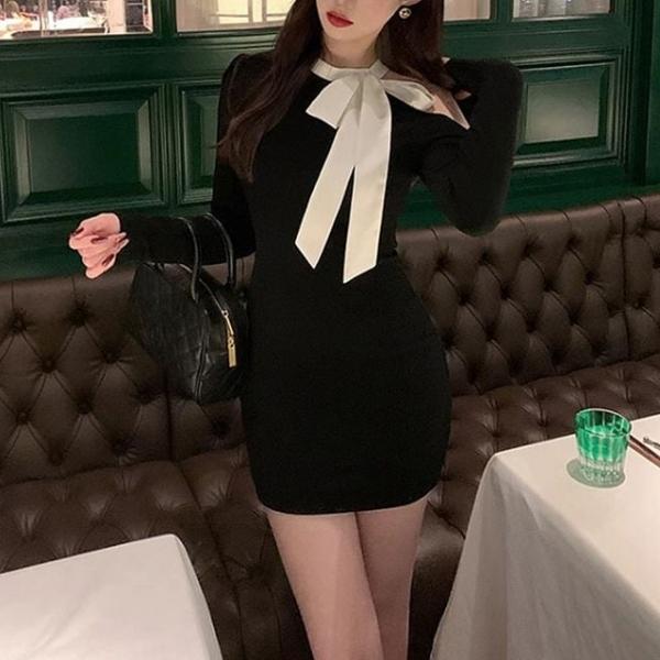 여성 긴팔 리본 원오프숄더 미니 원피스
