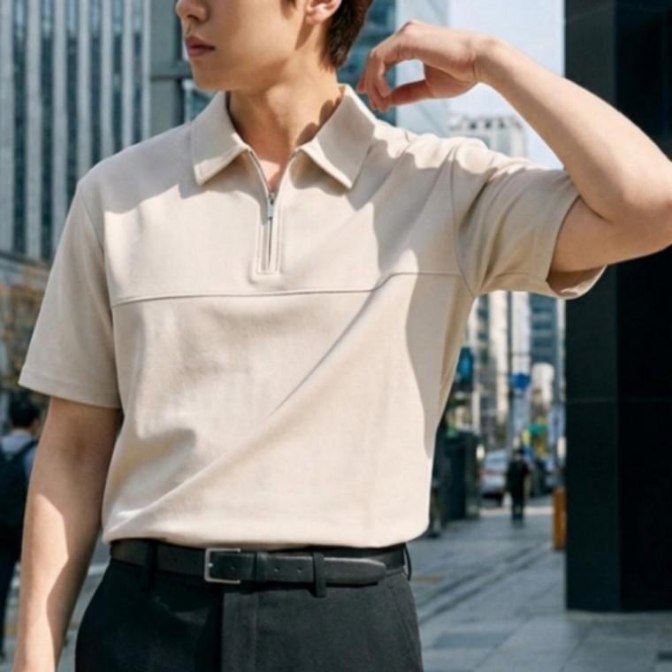 남성 쿨 반집업 지퍼 반팔 카라 쿨론 여름 메쉬 티셔츠