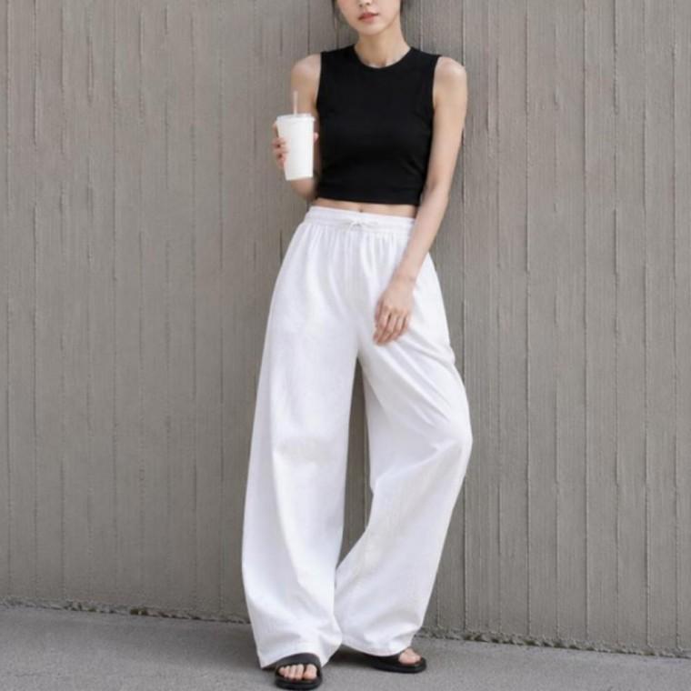 여성 통 바지 아이스 쿨링 데님 와이드 밴딩 팬츠
