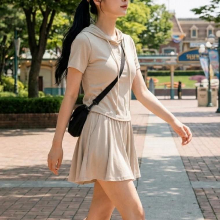 반팔 크롭 후드 치마바지 여성 반바지 트레이닝 세트