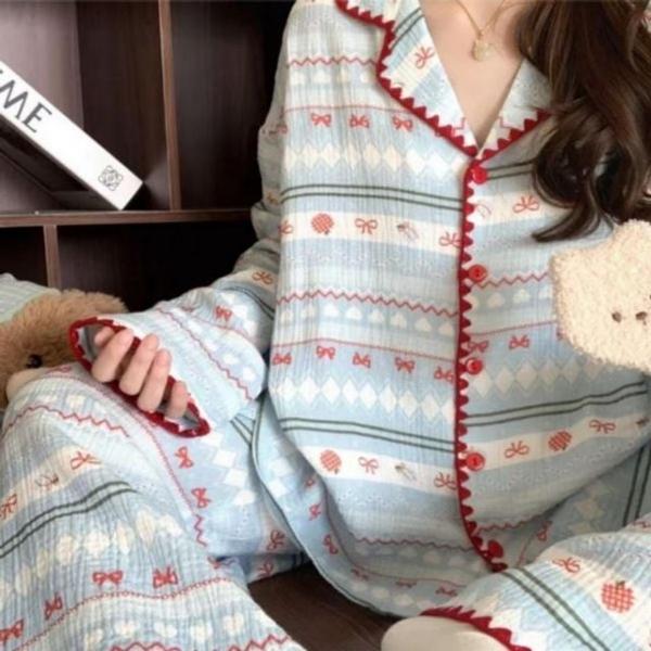 여성 카라 스카이 면 홈웨어 잠옷 수면 파자마 상하