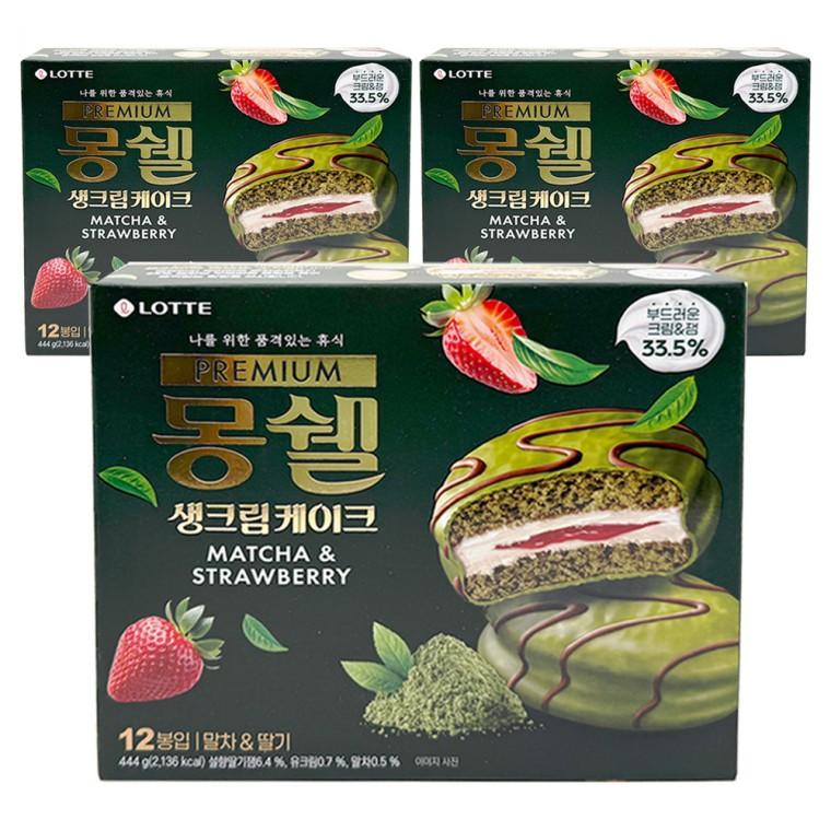 롯데 몽쉘 말차 딸기 생크림케이크 12입 444G x 3개
