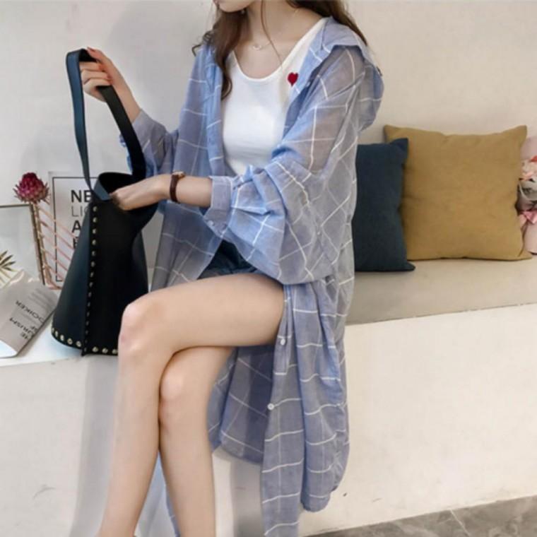후드 남방 여성 루즈핏 오버핏 스트릿 격자무늬 롱 셔츠