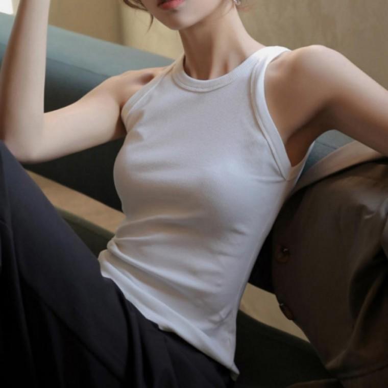 베이직 민소매 홀터넥 나시 골지 슬리브리스 여성 티셔츠